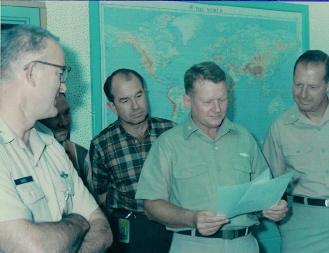 Lt. Col. Blair Davis, CIA Pilot Jack Weeks, CIA Pilot Ken Collins, Col. Slip Slater, Col. Jim Anderson at Kadena during Black Shield