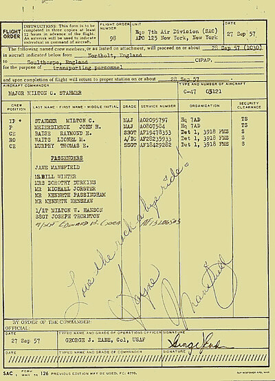 Orders to fly Jane Mansfield