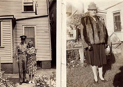 Hank's mom arriving at Burtonwook, UK.  Mom and brother George in back yard on 14th St.